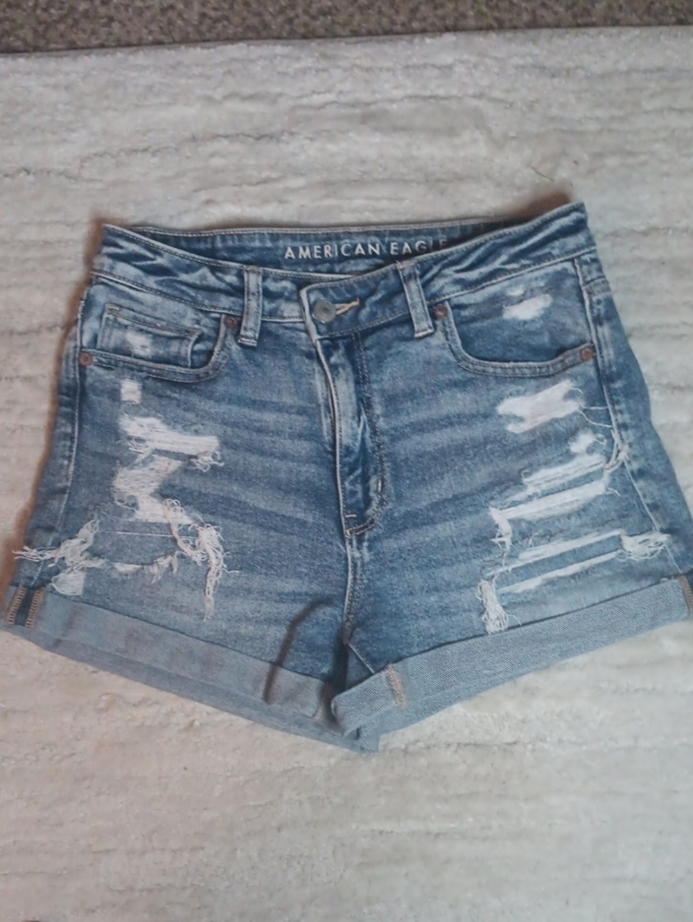 American Eagle Outfitters Distressed Light Blue Denim Roll-Hem Shorts